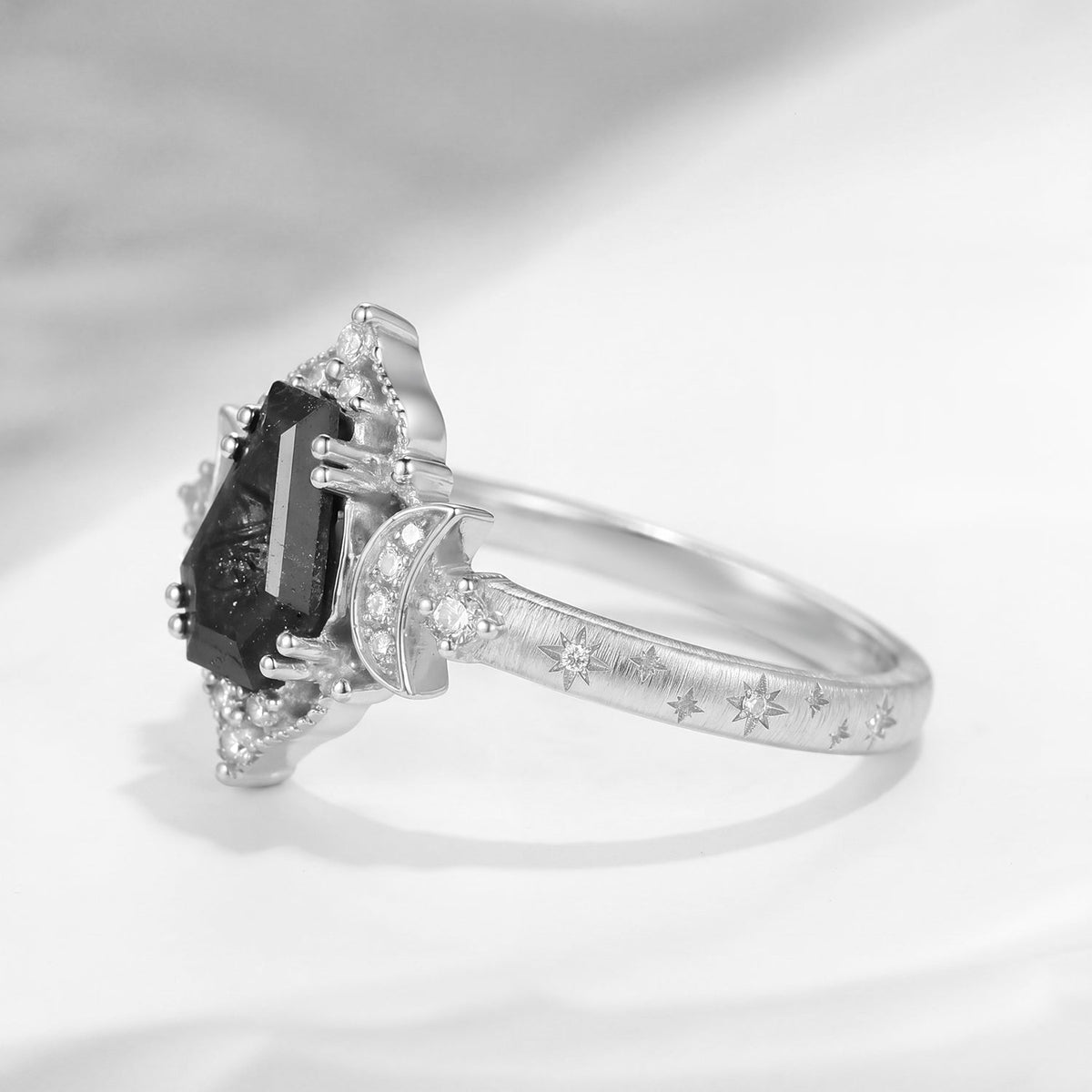 'Till Death Do Us Part' – Star Engraved Coffin Black Rutilated Quartz Crescent Moon Engagement Ring with Textured Band