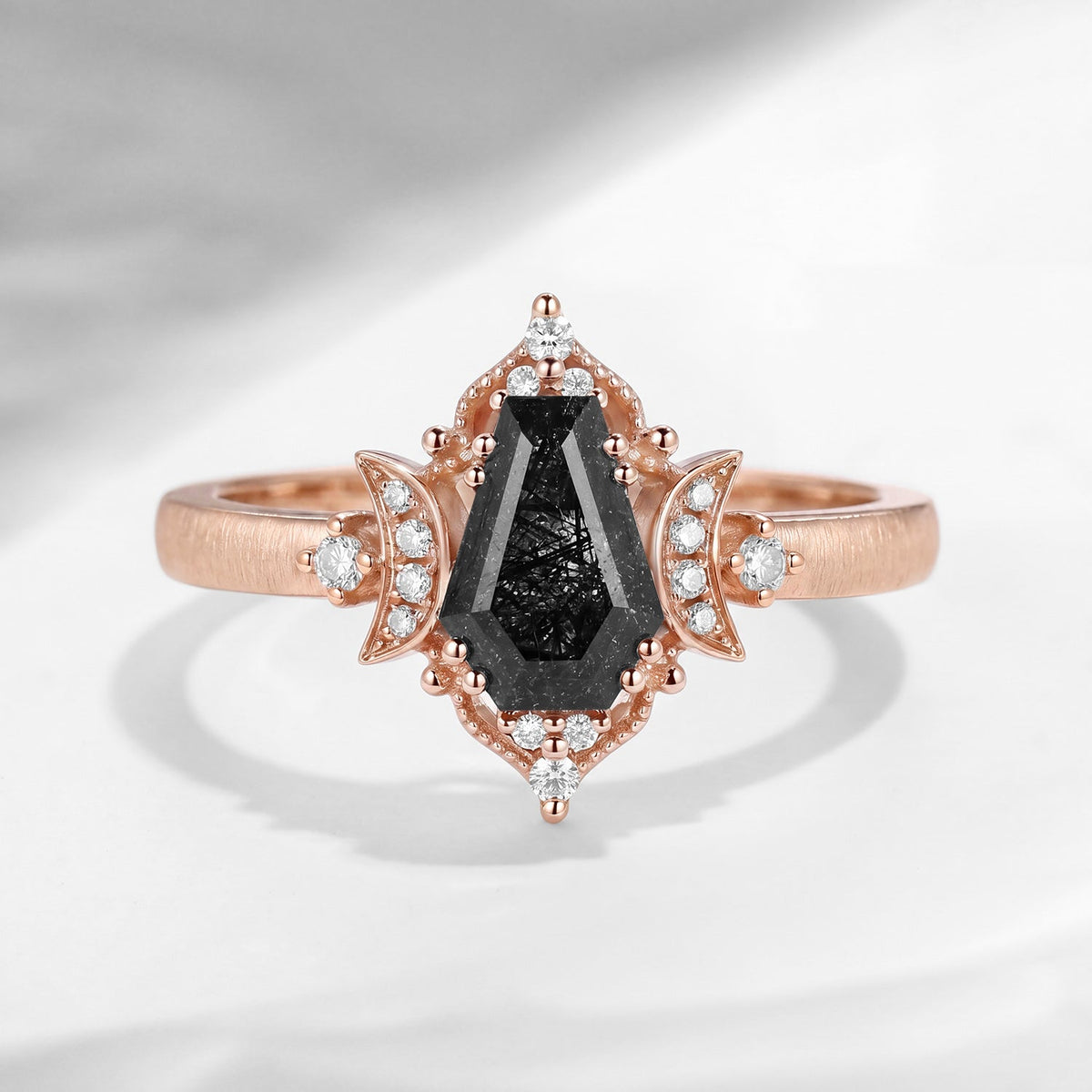 'Till Death Do Us Part' – Textured Coffin Cut Black Rutilated Quartz Crescent Moon Engagement Ring