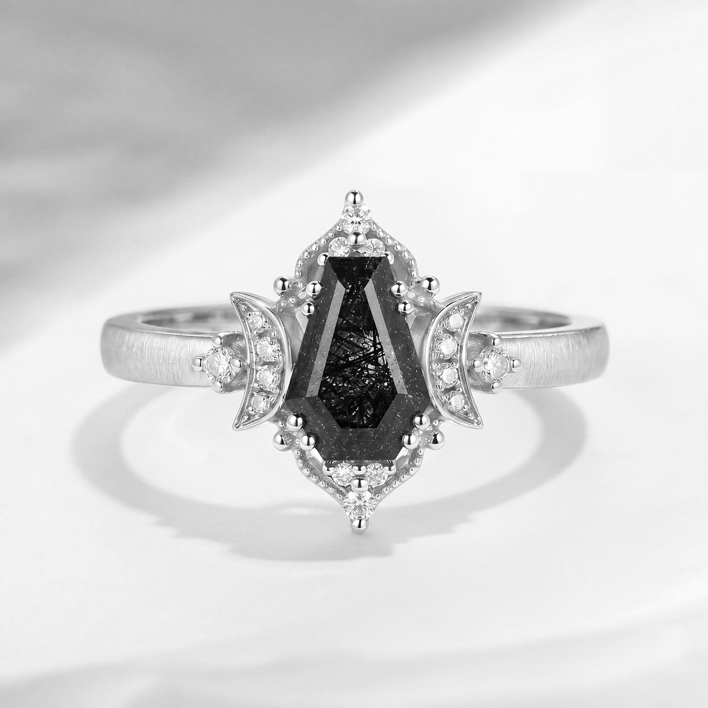 'Till Death Do Us Part' – Textured Coffin Cut Black Rutilated Quartz Crescent Moon Engagement Ring