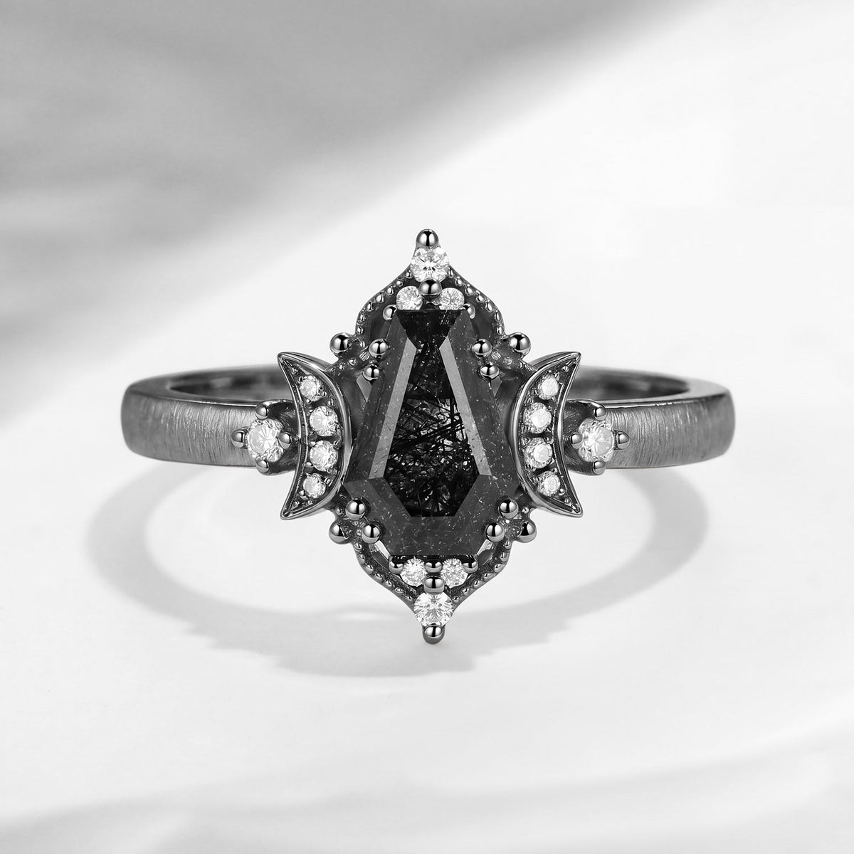 'Till Death Do Us Part' – Textured Coffin Cut Black Rutilated Quartz Crescent Moon Engagement Ring
