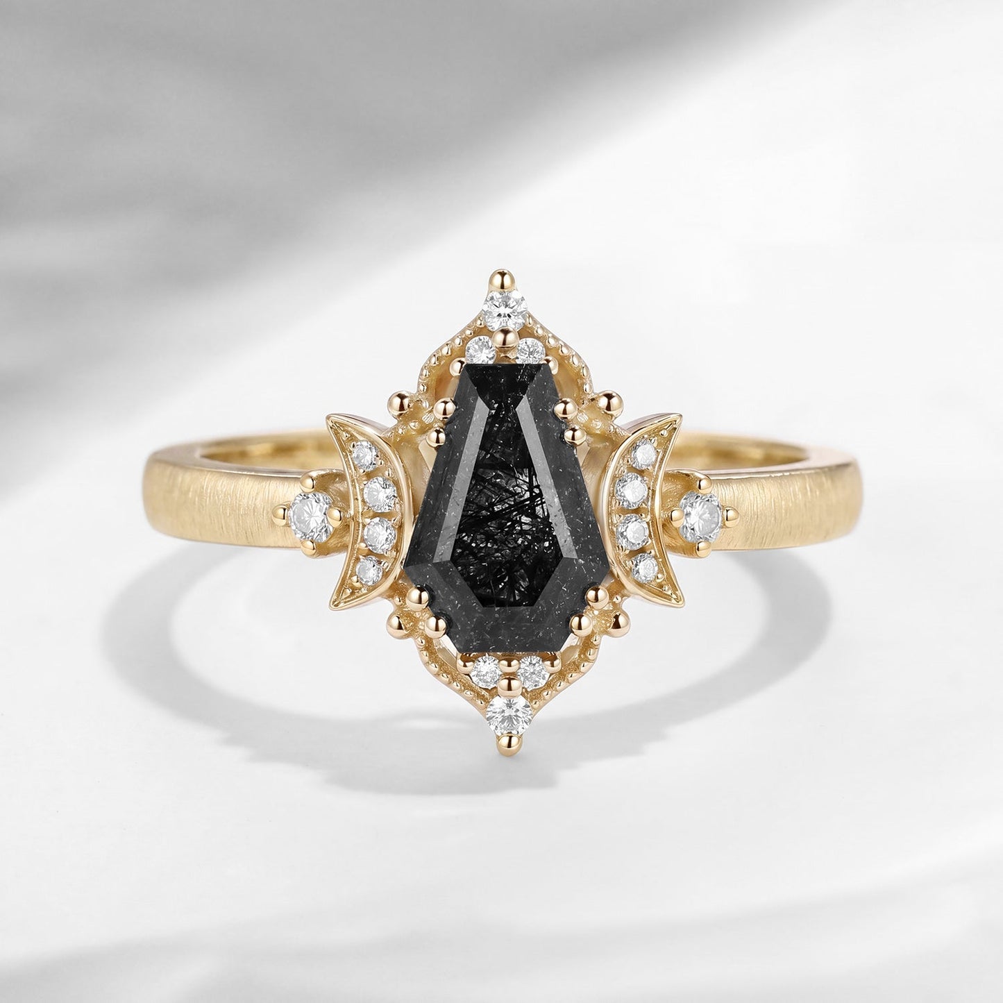 'Till Death Do Us Part' – Textured Coffin Cut Black Rutilated Quartz Crescent Moon Engagement Ring