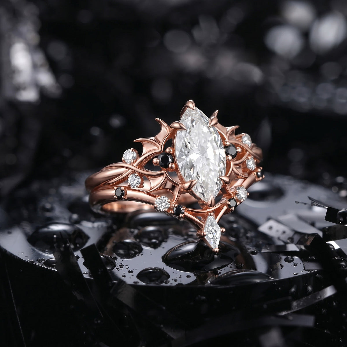 Bat Ring 'Night Court' - Gothic Marquise Moissanite Black Gold Engagement Ring Set with Bat Wing Inspired Band