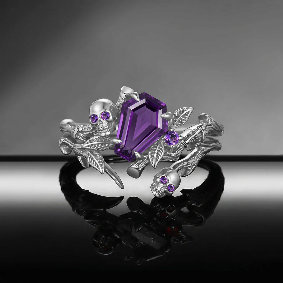 Thorns & Roses - Gothic Skull Coffin Amethyst Engagement Ring Set with Bark Textured Band