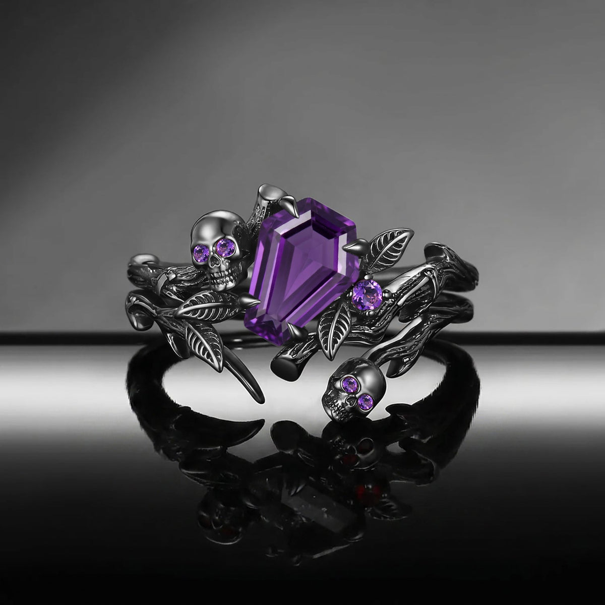 Thorns & Roses - Gothic Skull Coffin Amethyst Engagement Ring Set with Bark Textured Band