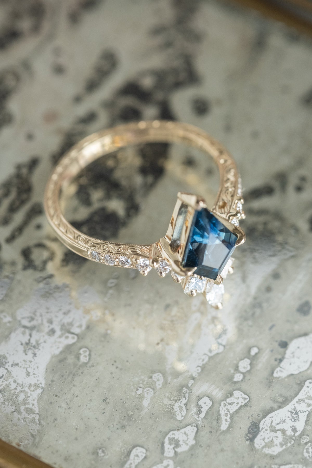 1.58 Carat Blue Kite Sapphire and Diamond Engagement Ring, Engraved Willa Setting