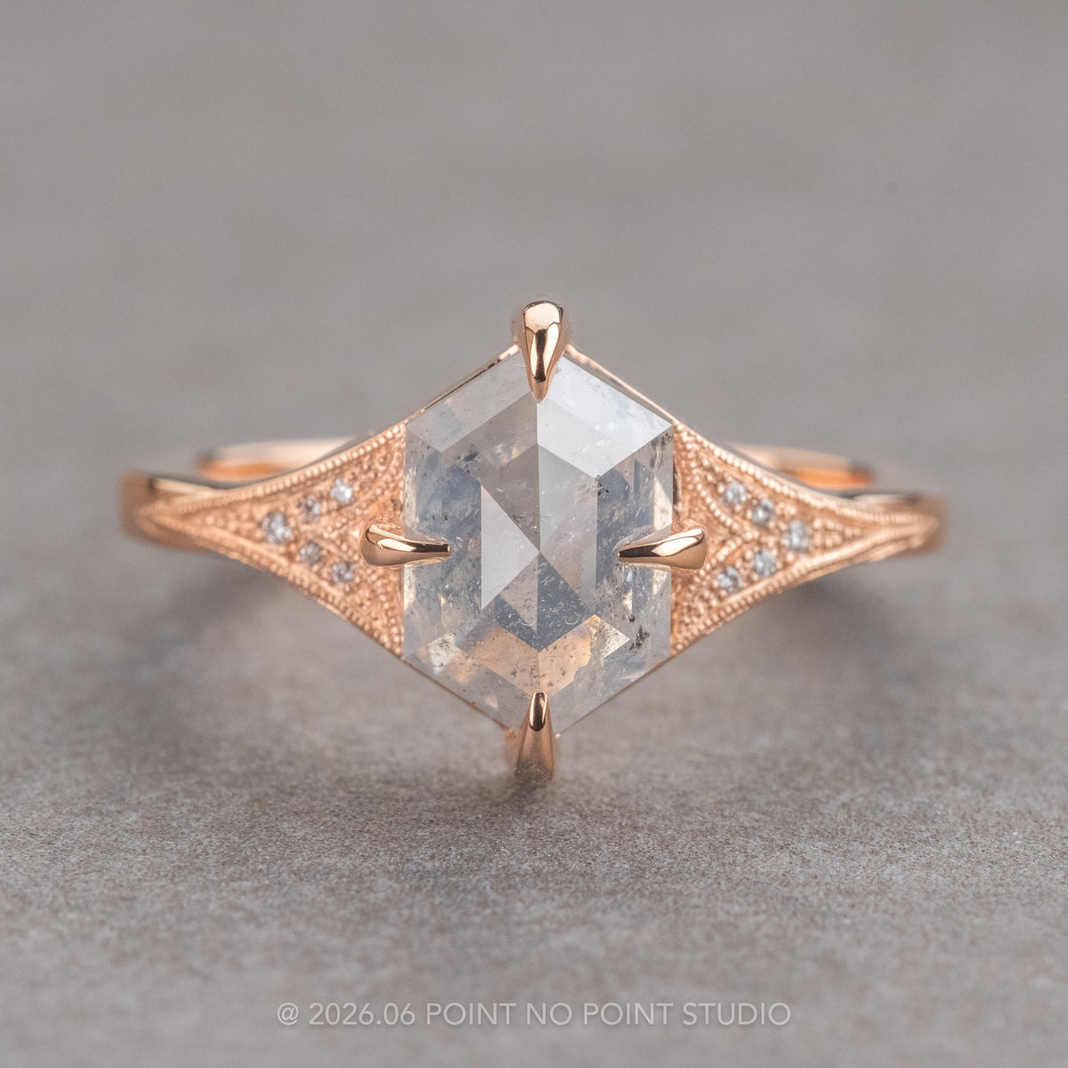 2.27 Carat Icy Grey Hexagon Diamond Engagement Ring, Aela Setting, 14K Rose Gold