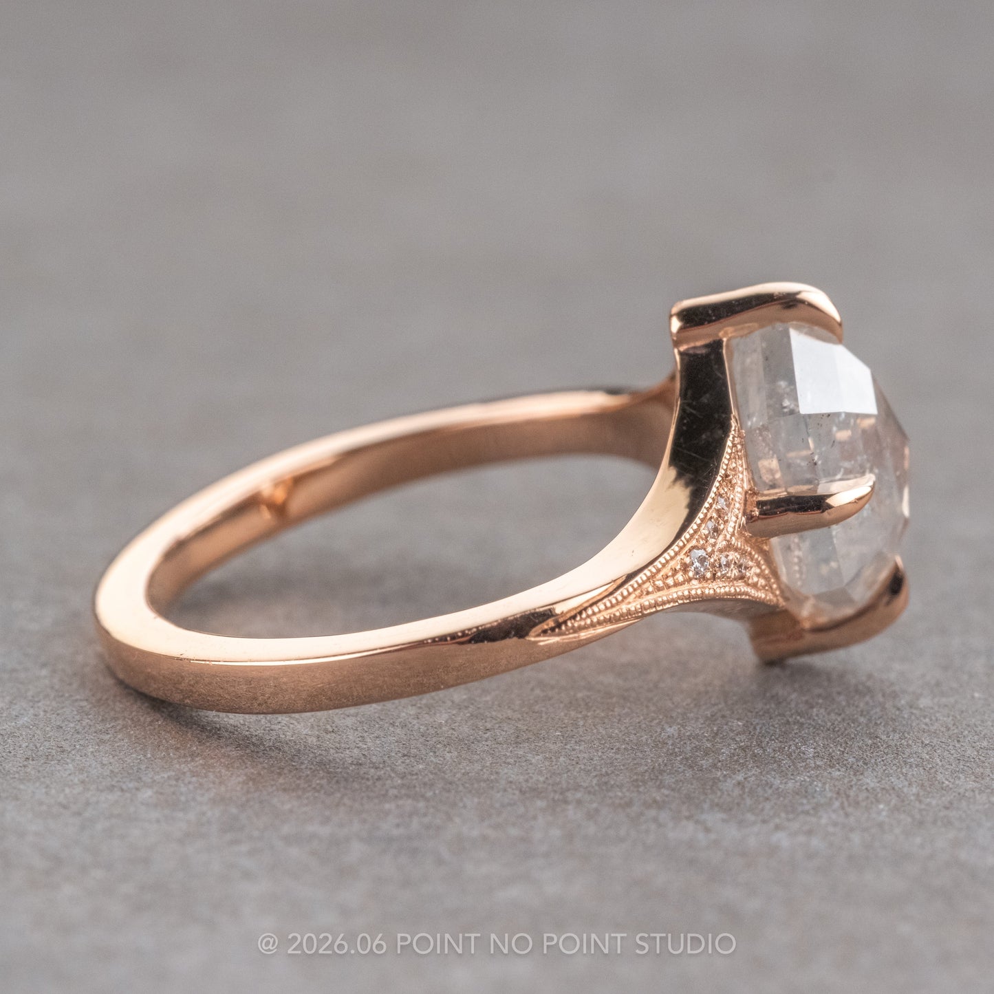 2.27 Carat Icy Grey Hexagon Diamond Engagement Ring, Aela Setting, 14K Rose Gold