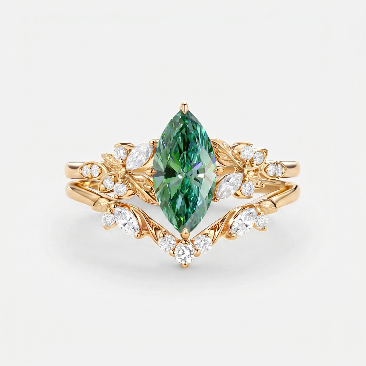 Marquise Green Moissanite Leafy Engagement Ring Sets 2pcs - Peony