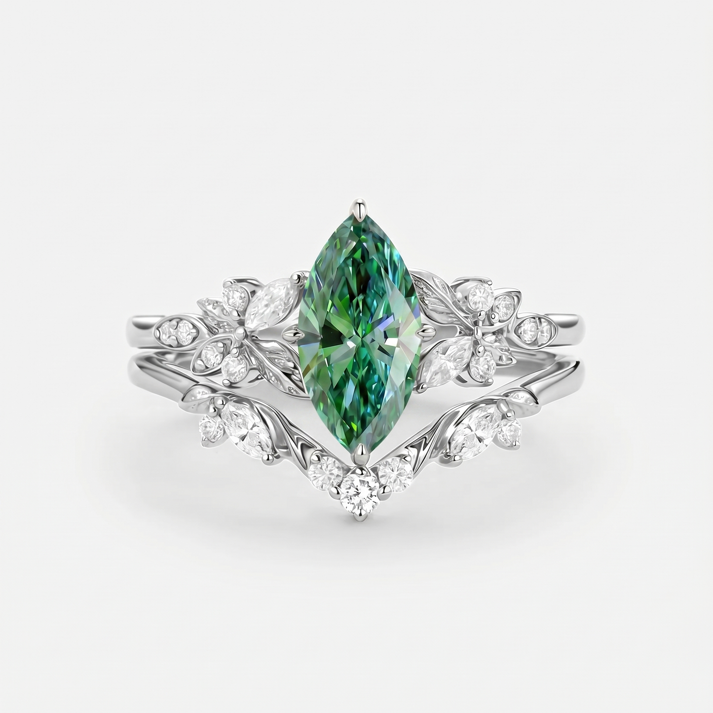 Marquise Green Moissanite Leafy Engagement Ring Sets 2pcs - Peony