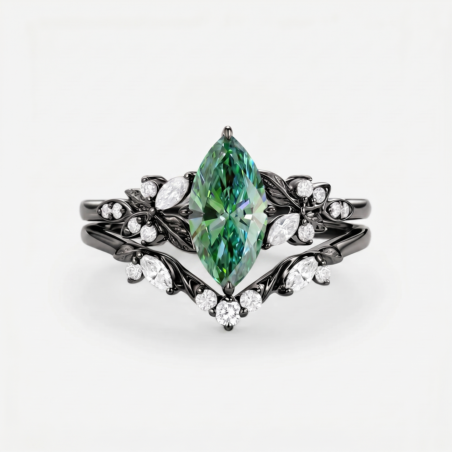 Marquise Green Moissanite Leafy Engagement Ring Sets 2pcs - Peony