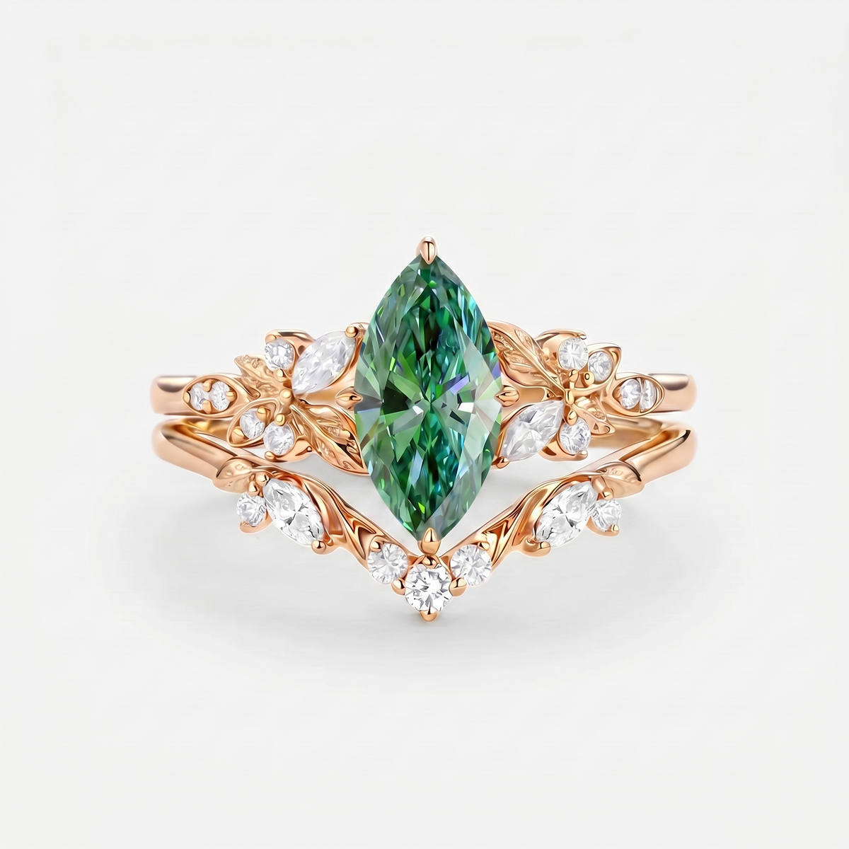Marquise Green Moissanite Leafy Engagement Ring Sets 2pcs - Peony