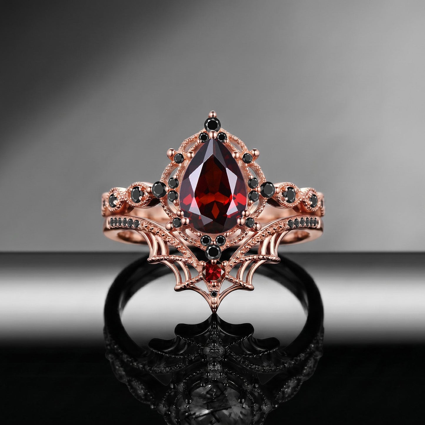Spider Ring 'Web of Love' – Gothic Pear Cut Garnet Engagement Ring Set with Spider Web Inspired Milgrain Band