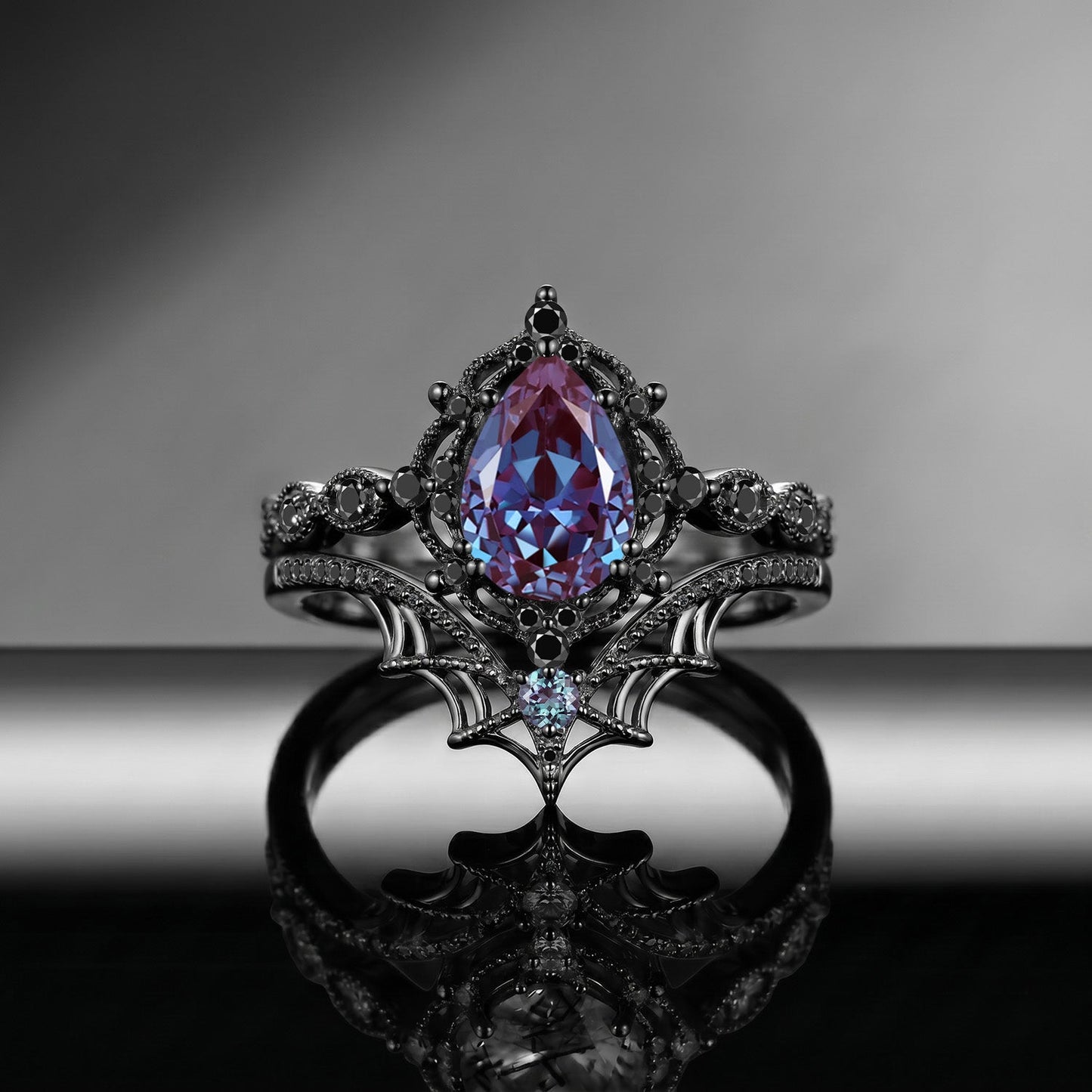 Spider Ring 'Web of Love' – Gothic Pear Cut Garnet Engagement Ring Set with Spider Web Inspired Milgrain Band