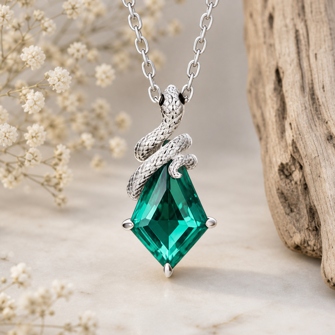 Kite Cut Lab Emerald Mystical Serpent Carved Nature Inspired Necklace - Cloak