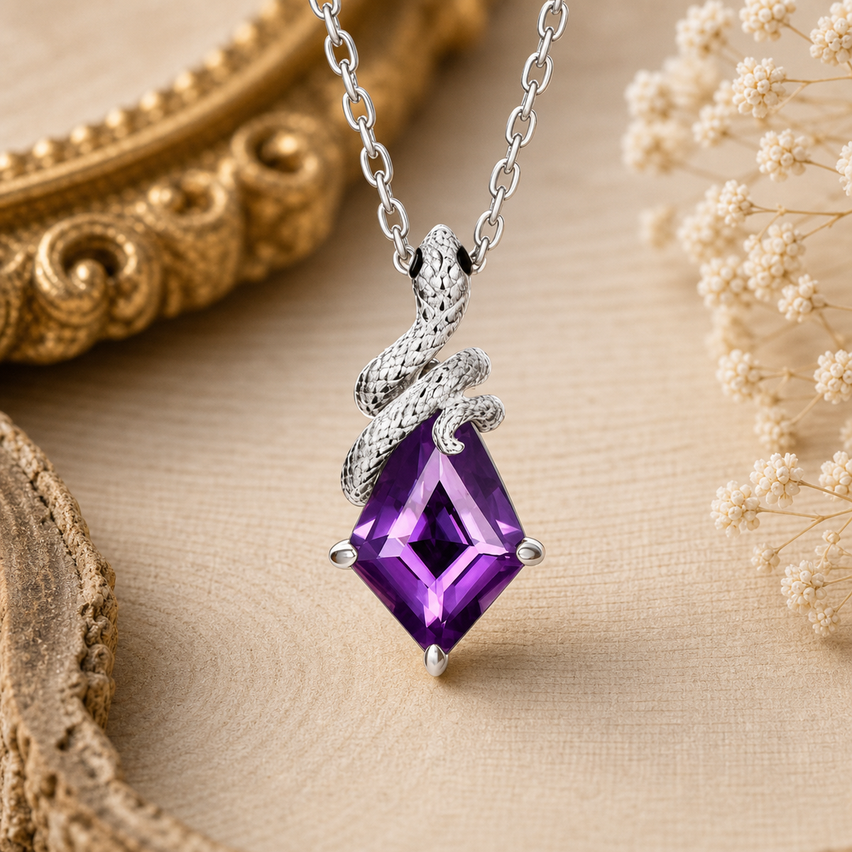 Kite Cut Amethyst Mystical Serpent Carved Nature Inspired Necklace - Cloak