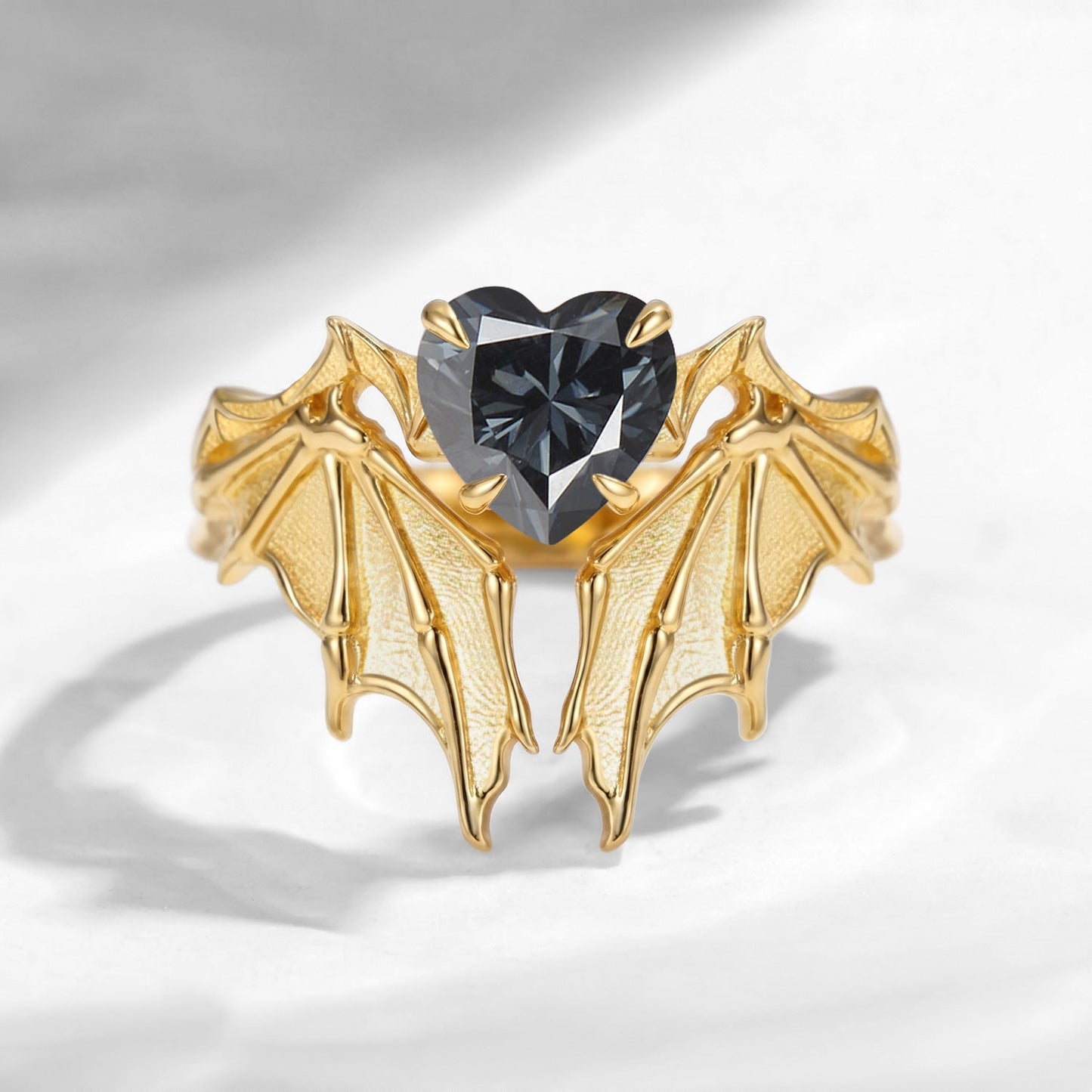 Bat Ring - Gothic Heart Grey Moissanite Matte Textured Engagement Ring Set with Bat Wing Inspired Band