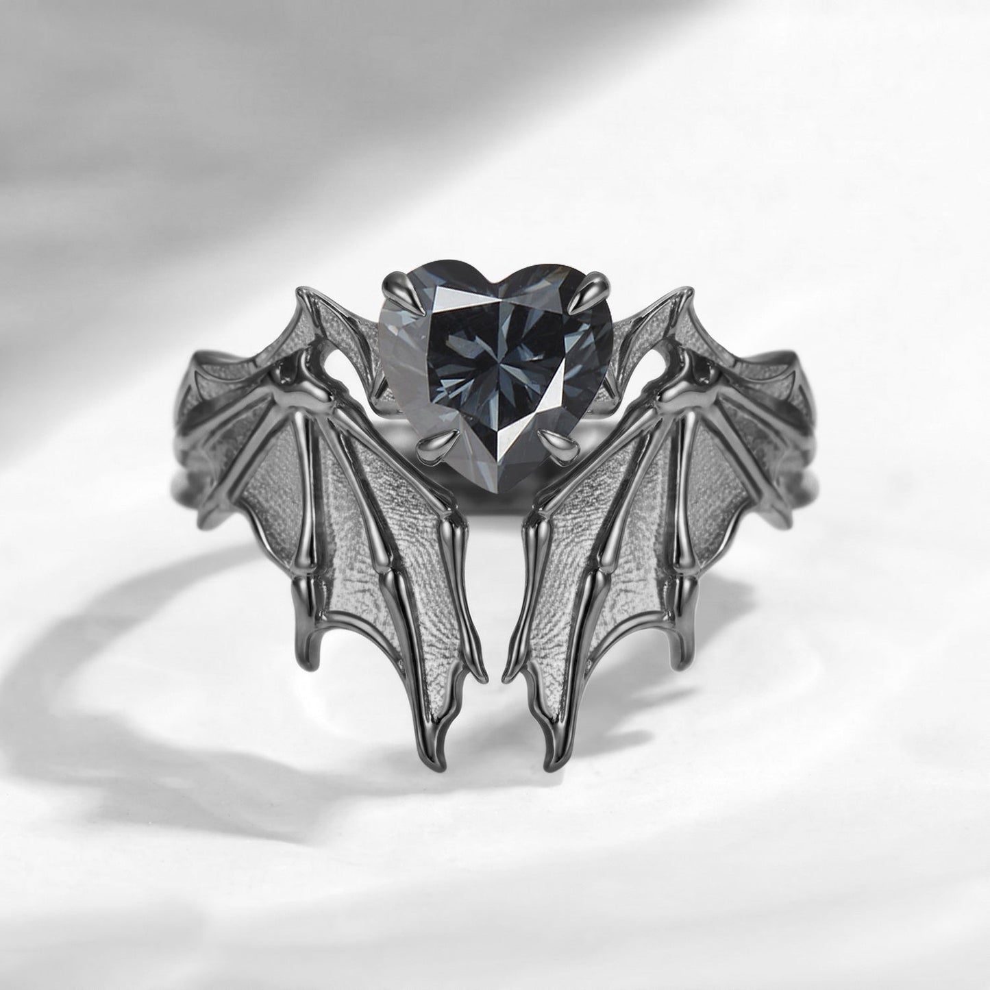 Bat Ring - Gothic Heart Grey Moissanite Matte Textured Engagement Ring Set with Bat Wing Inspired Band