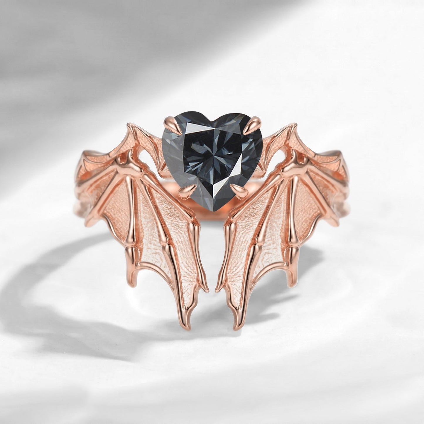 Bat Ring - Gothic Heart Grey Moissanite Matte Textured Engagement Ring Set with Bat Wing Inspired Band