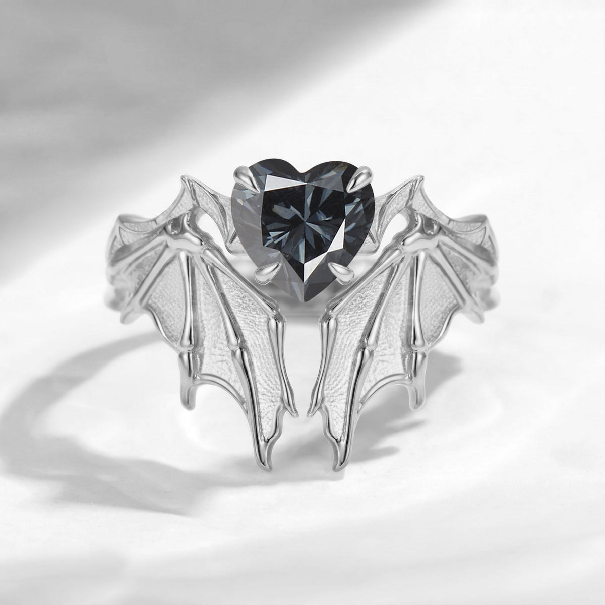Bat Ring - Gothic Heart Grey Moissanite Matte Textured Engagement Ring Set with Bat Wing Inspired Band