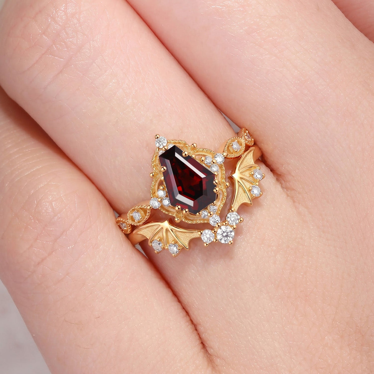 Bat Ring 'Fly to Love' - Gothic Coffin Cut Garnet Milgrain Engagement Ring Set with Bat Wing Inspired Band