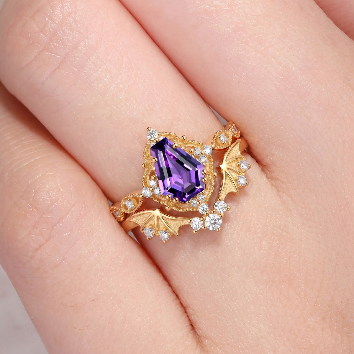 Bat Ring 'Fly to Love' - Gothic Coffin Cut Amethyst Milgrain Engagement Ring Set with Bat Wing Inspired Band