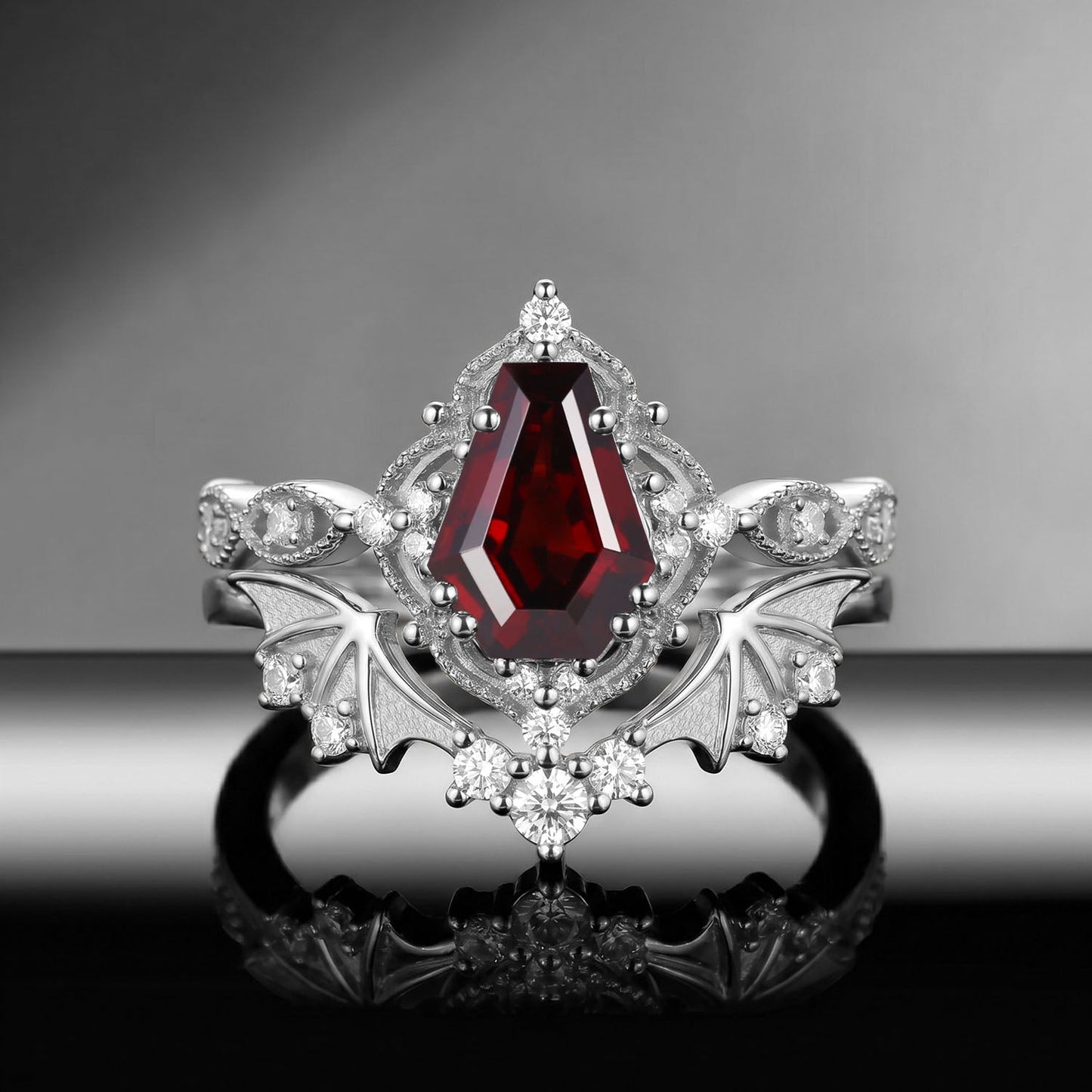Bat Ring 'Fly to Love' - Gothic Coffin Cut Garnet Milgrain Engagement Ring Set with Bat Wing Inspired Band