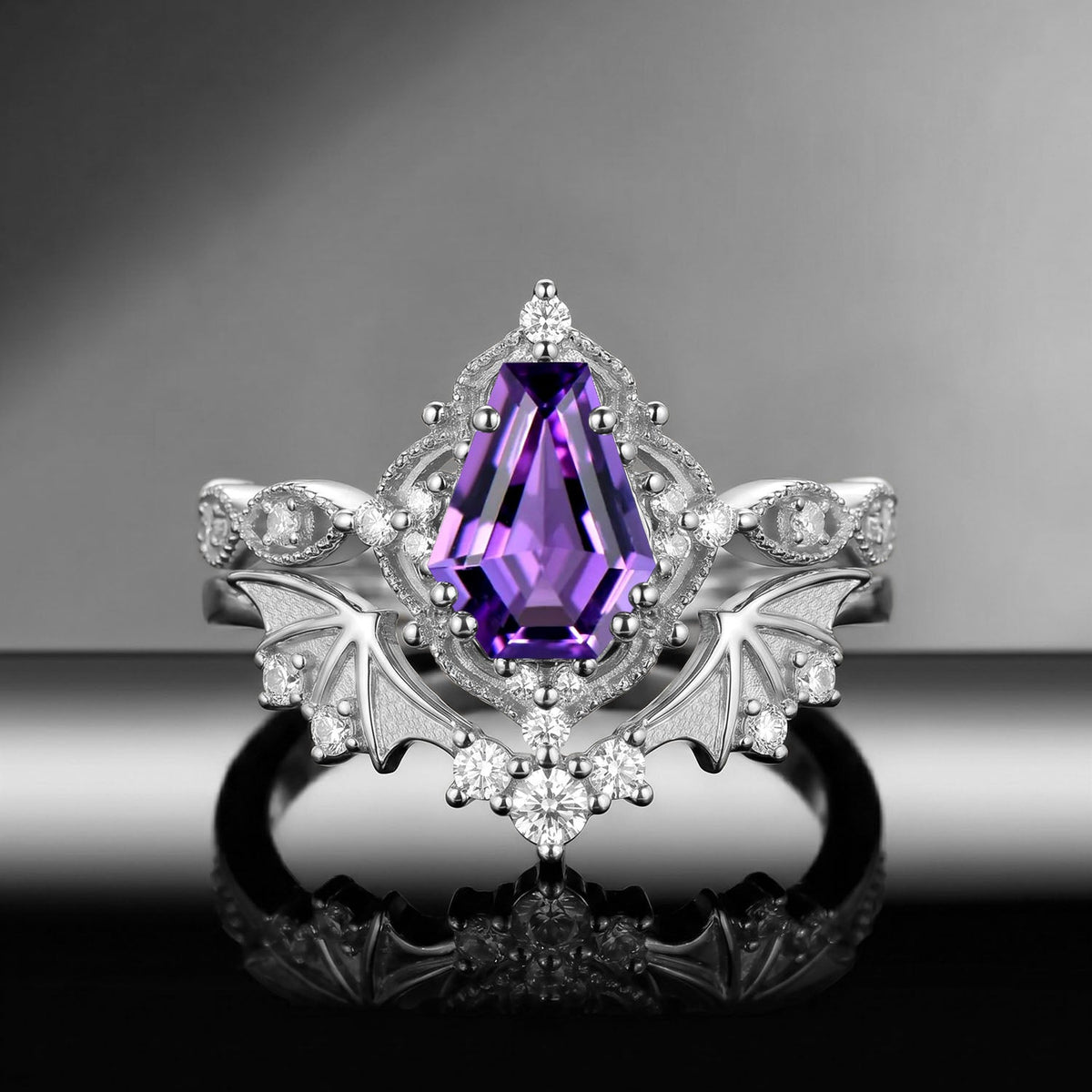 Bat Ring 'Fly to Love' - Gothic Coffin Cut Amethyst Milgrain Engagement Ring Set with Bat Wing Inspired Band
