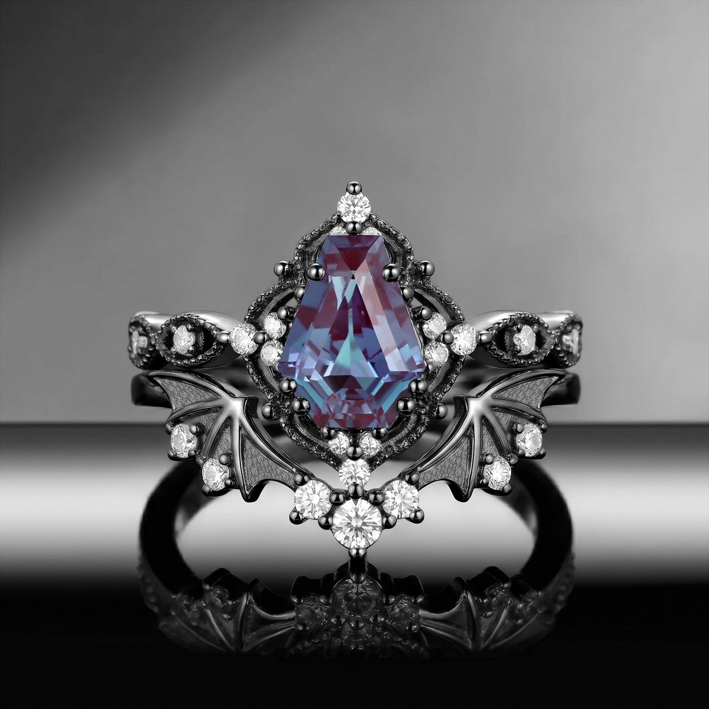 Bat Ring 'Fly to Love' - Gothic Coffin Cut Amethyst Milgrain Engagement Ring Set with Bat Wing Inspired Band