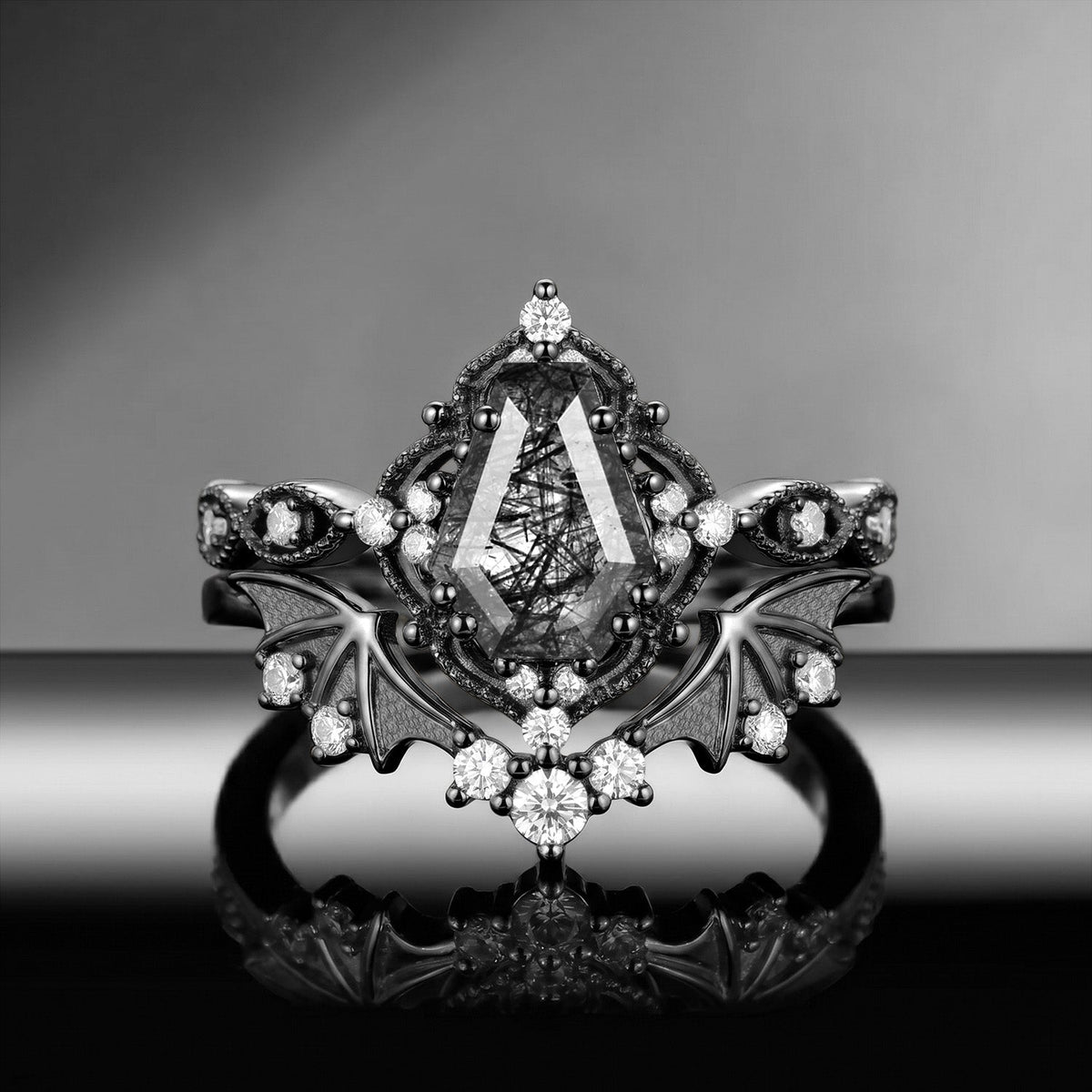 Bat Ring 'Fly to Love' - Gothic Coffin Cut Garnet Milgrain Engagement Ring Set with Bat Wing Inspired Band