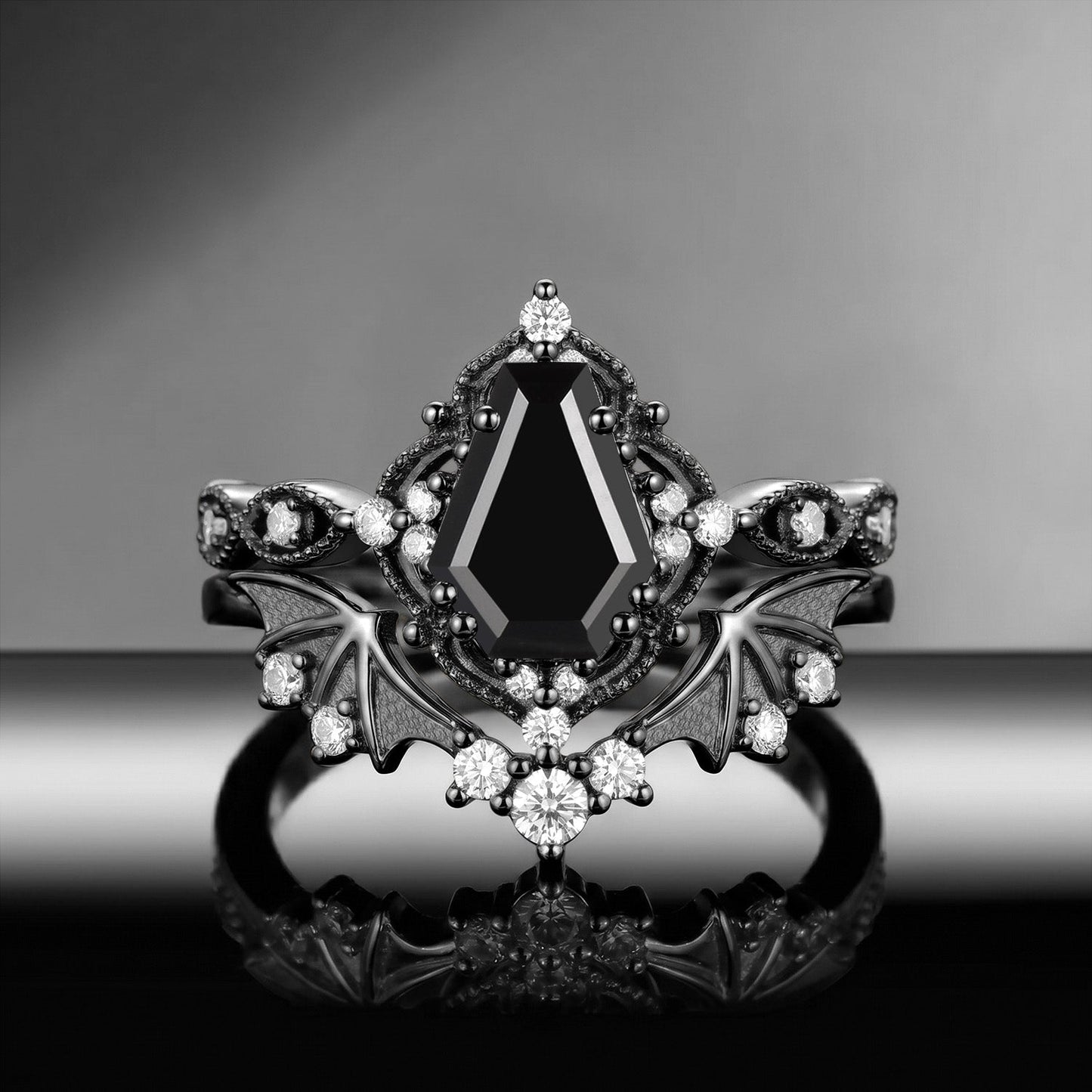 Bat Ring 'Fly to Love' - Gothic Coffin Cut Garnet Milgrain Engagement Ring Set with Bat Wing Inspired Band