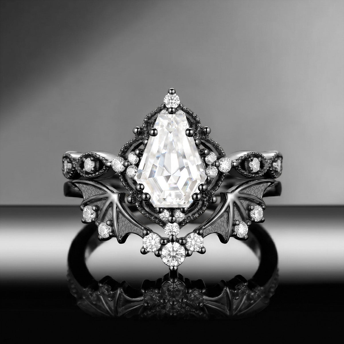 Bat Ring 'Fly to Love' - Gothic Coffin Cut Garnet Milgrain Engagement Ring Set with Bat Wing Inspired Band