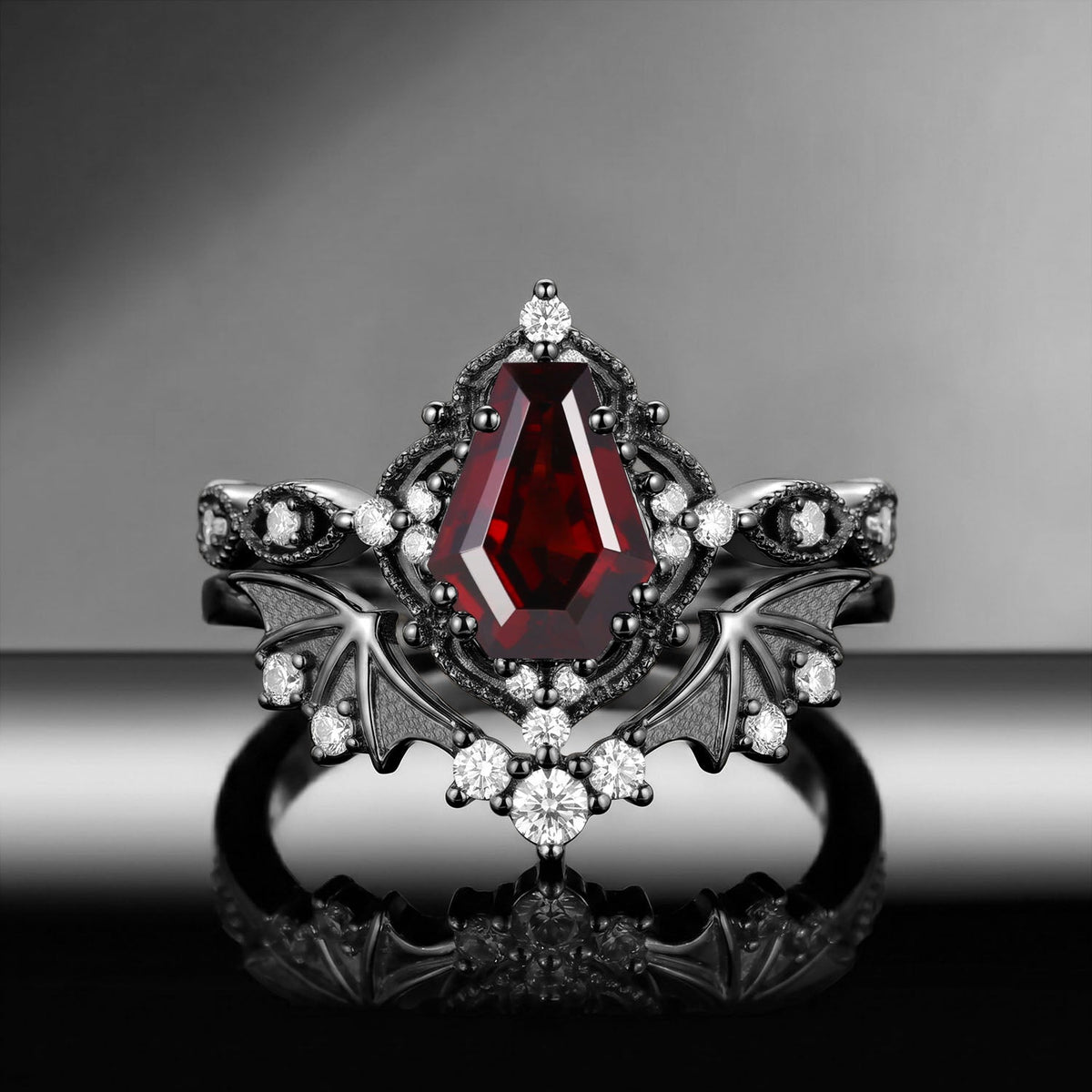 Bat Ring 'Fly to Love' - Gothic Coffin Cut Garnet Milgrain Engagement Ring Set with Bat Wing Inspired Band