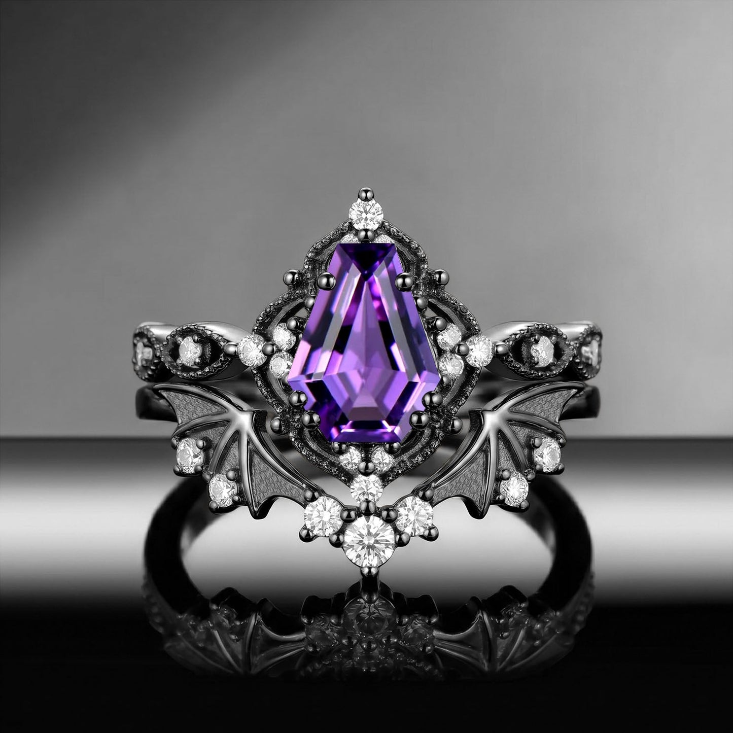 Bat Ring 'Fly to Love' - Gothic Coffin Cut Amethyst Milgrain Engagement Ring Set with Bat Wing Inspired Band