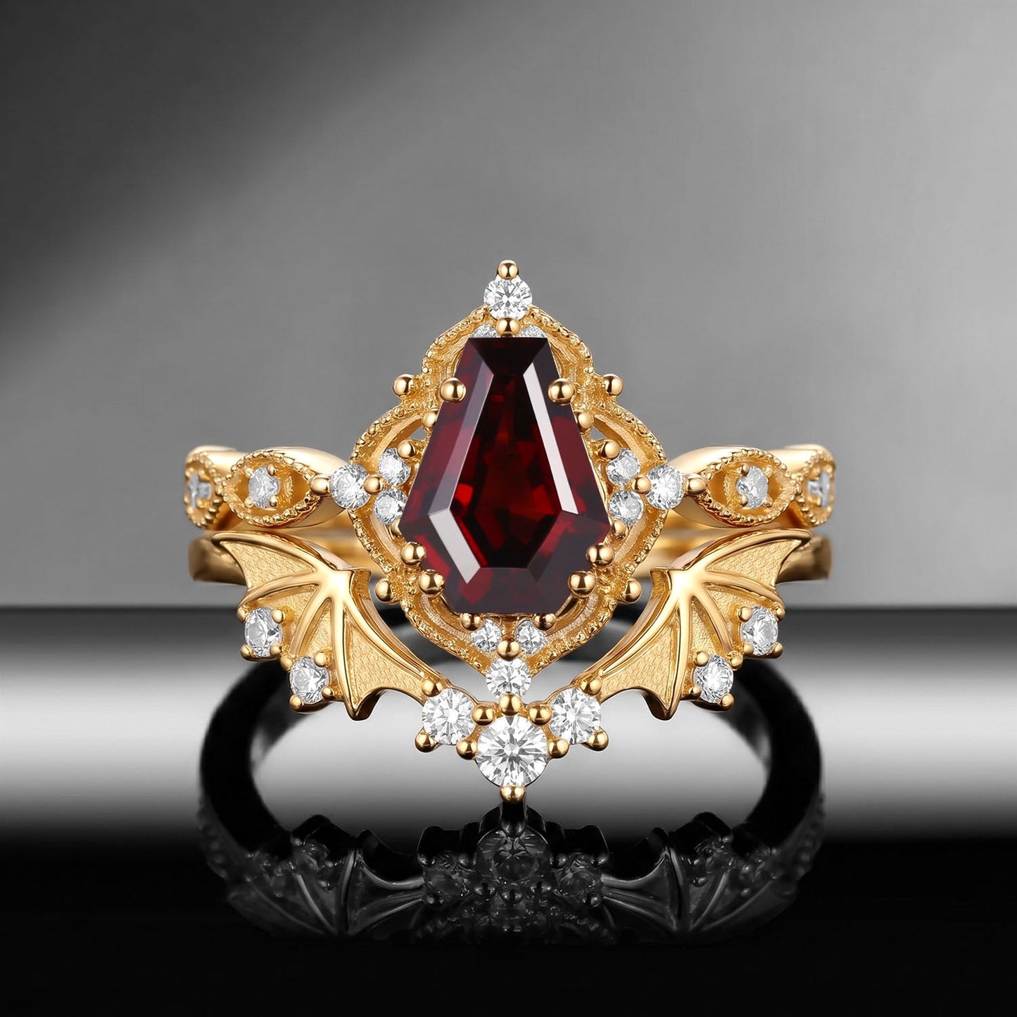 Bat Ring 'Fly to Love' - Gothic Coffin Cut Garnet Milgrain Engagement Ring Set with Bat Wing Inspired Band