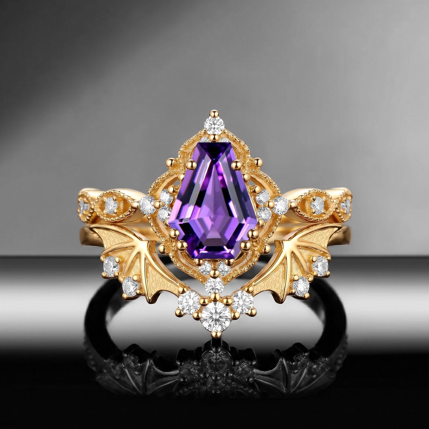 Bat Ring 'Fly to Love' - Gothic Coffin Cut Amethyst Milgrain Engagement Ring Set with Bat Wing Inspired Band