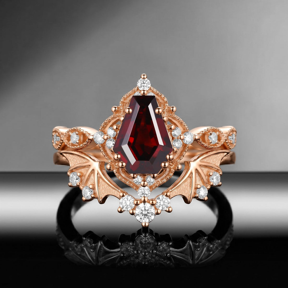 Bat Ring 'Fly to Love' - Gothic Coffin Cut Garnet Milgrain Engagement Ring Set with Bat Wing Inspired Band