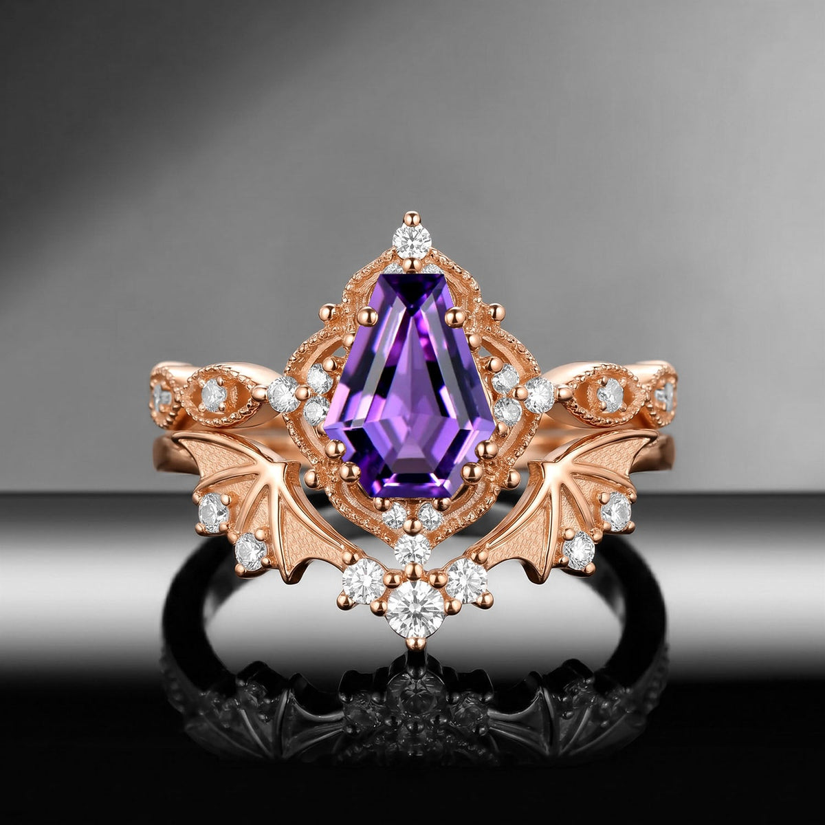 Bat Ring 'Fly to Love' - Gothic Coffin Cut Amethyst Milgrain Engagement Ring Set with Bat Wing Inspired Band