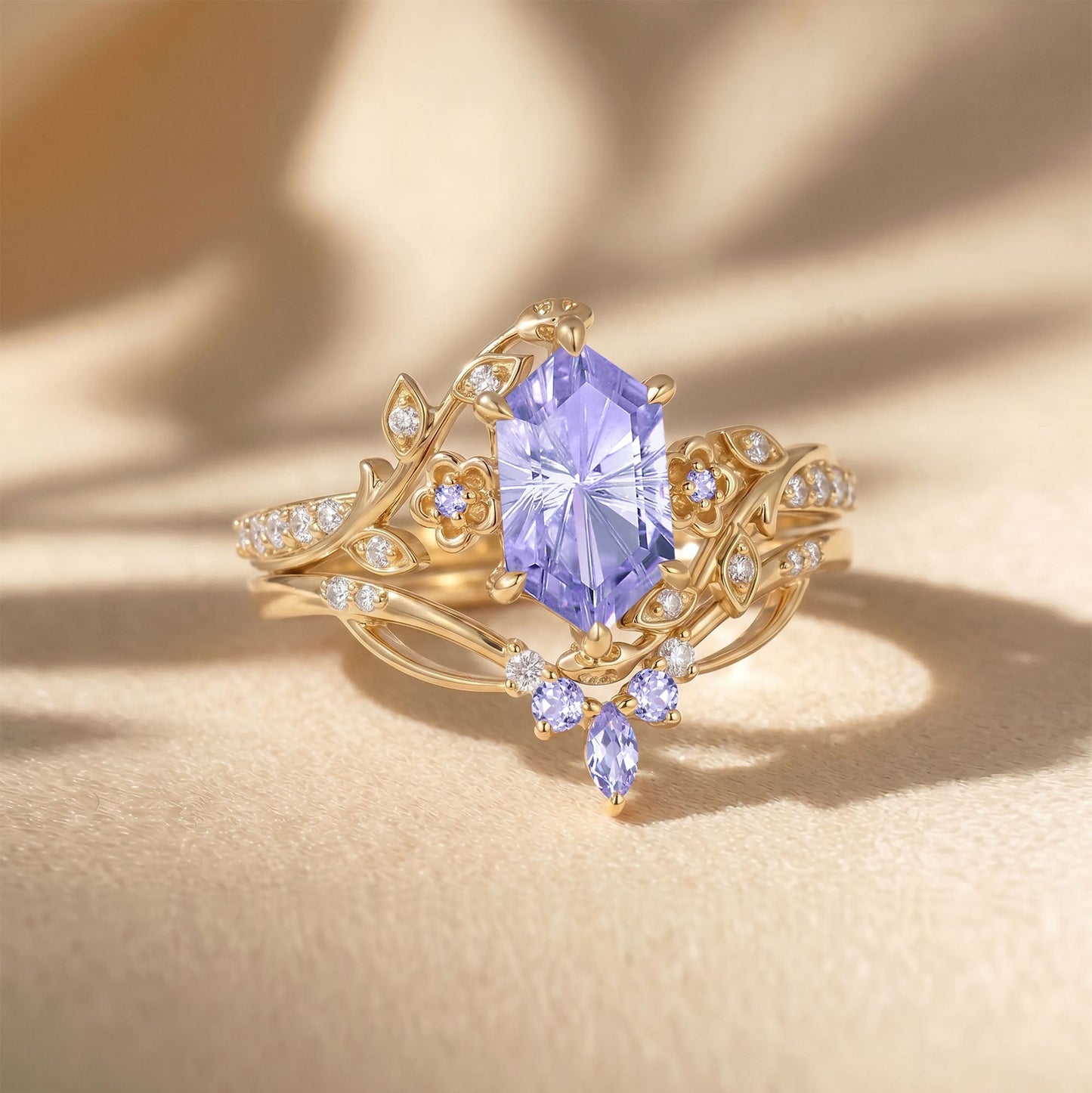 Firework Cut Lab Lavender Sapphire Hexagon Engagement Ring Set - Zane