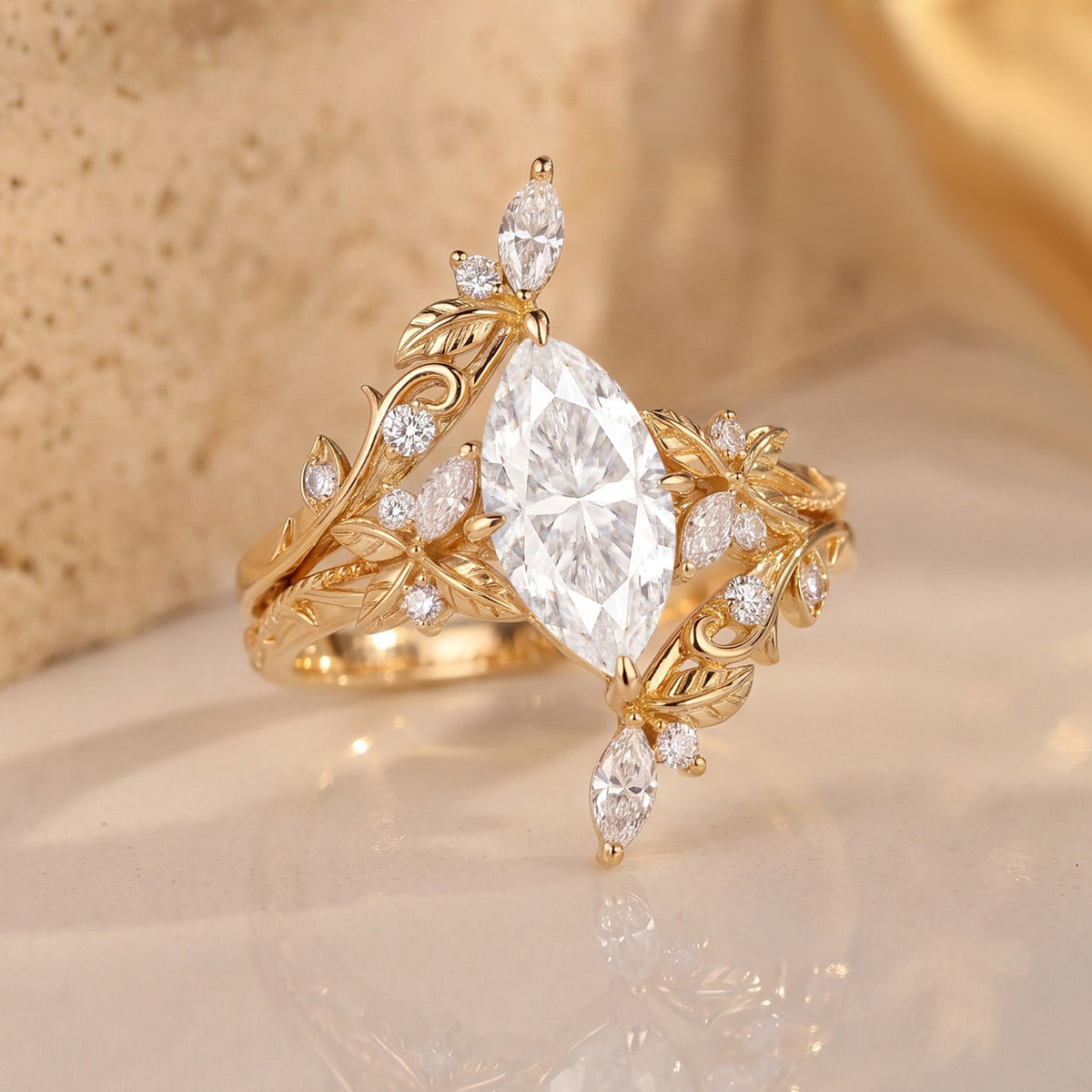 Unique Marquise Cut Moissanite Cage Engagement Ring Set 2pcs - Gaia
