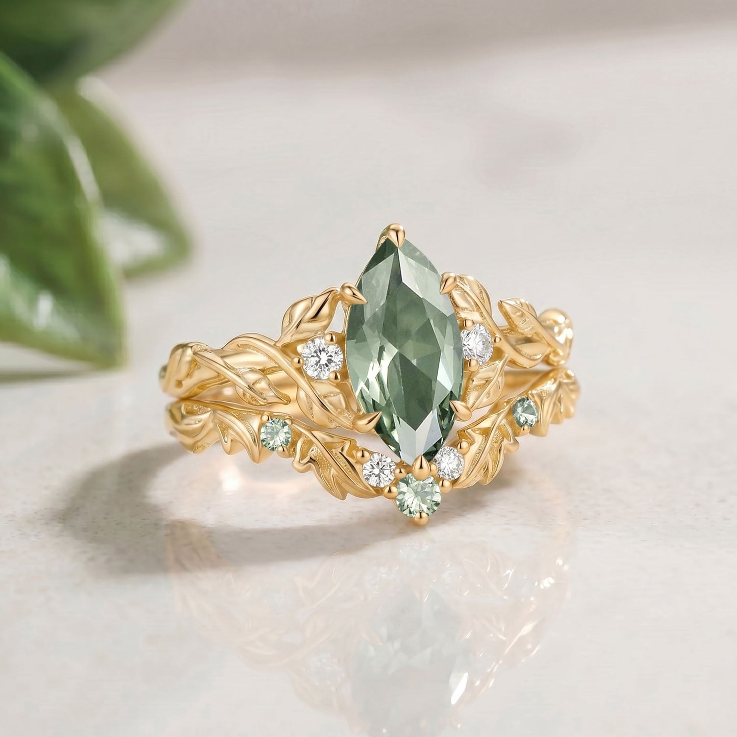 Marquise Cut Lab Green Sapphire Leafy Engagement Ring Sets - Starling