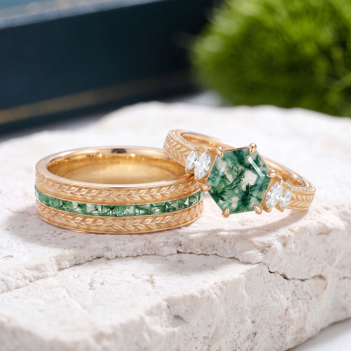 Hexagon Moss Agate Leafy Minimalis Gold Couple Ring Set 2pcs - Blossom