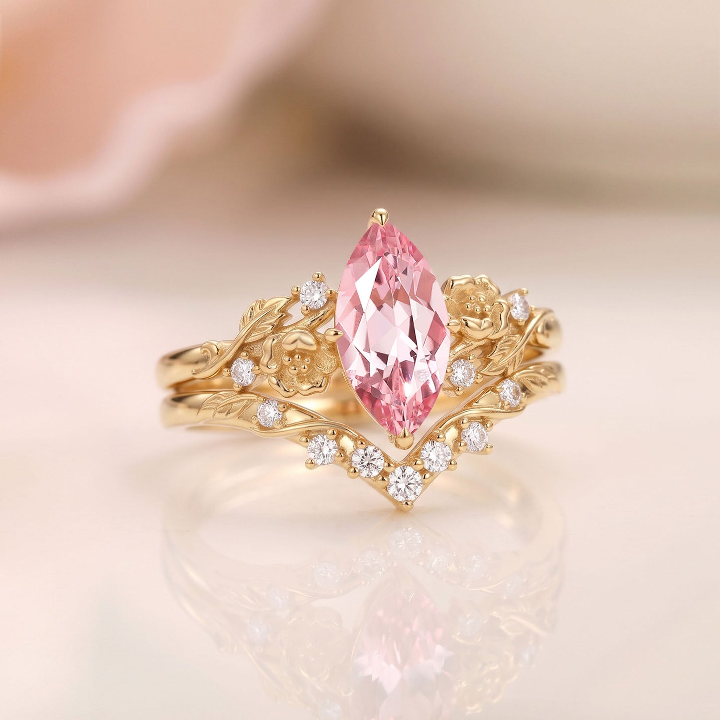 Marquise Lab Pink Sapphire Flower Nature Inspired Engagement Ring Sets 2pcs - Peony