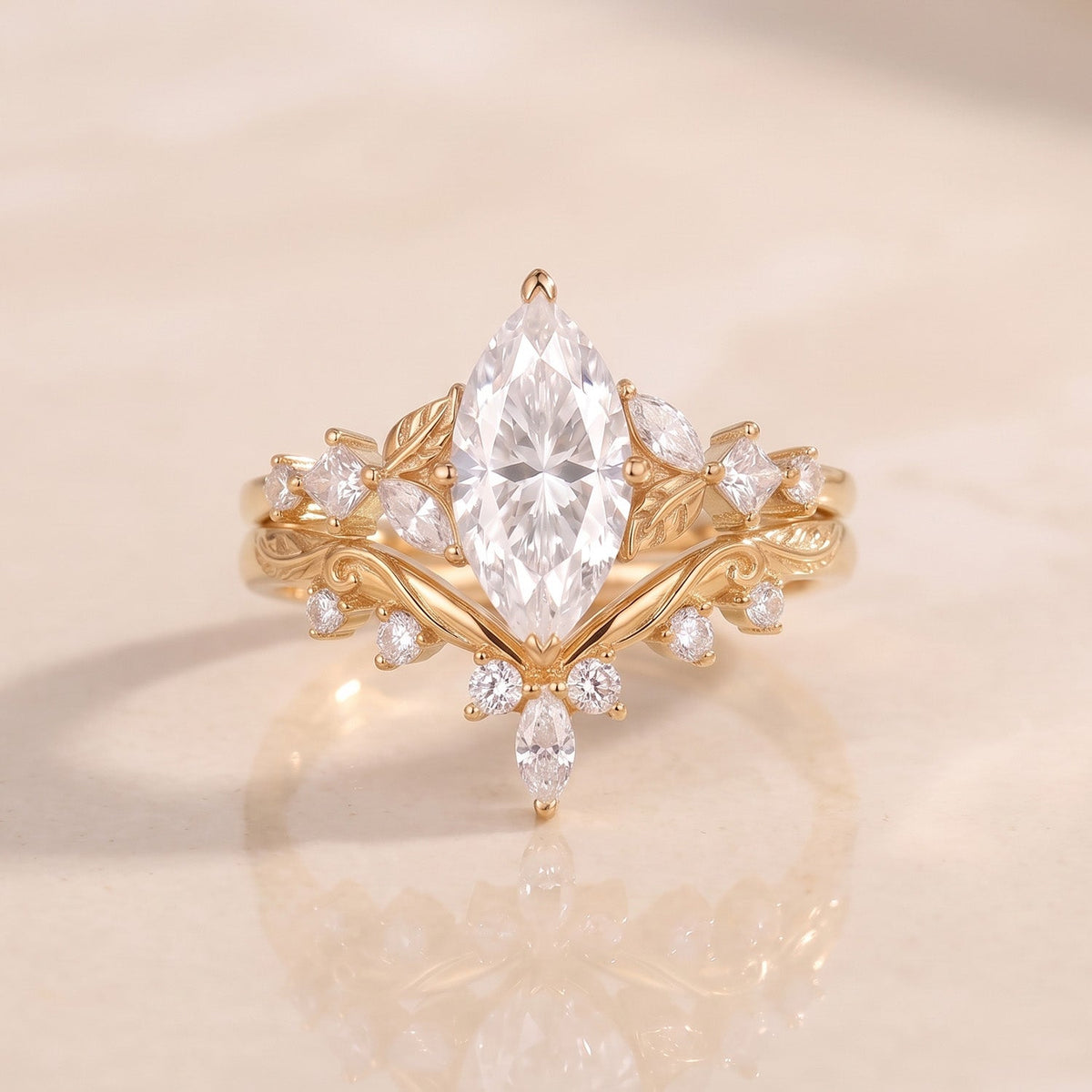 Marquise Cut Moissanite Leaf Nature Engagement Ring Set 2pcs - Peony