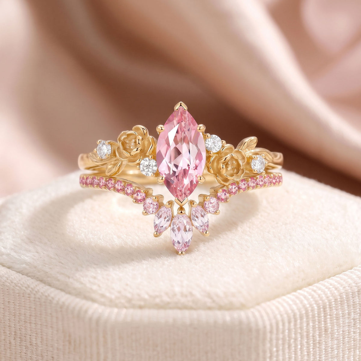 Marquise Cut Lab Pink Sapphire Flower Unique Engagement Ring Set 2pcs - Peony