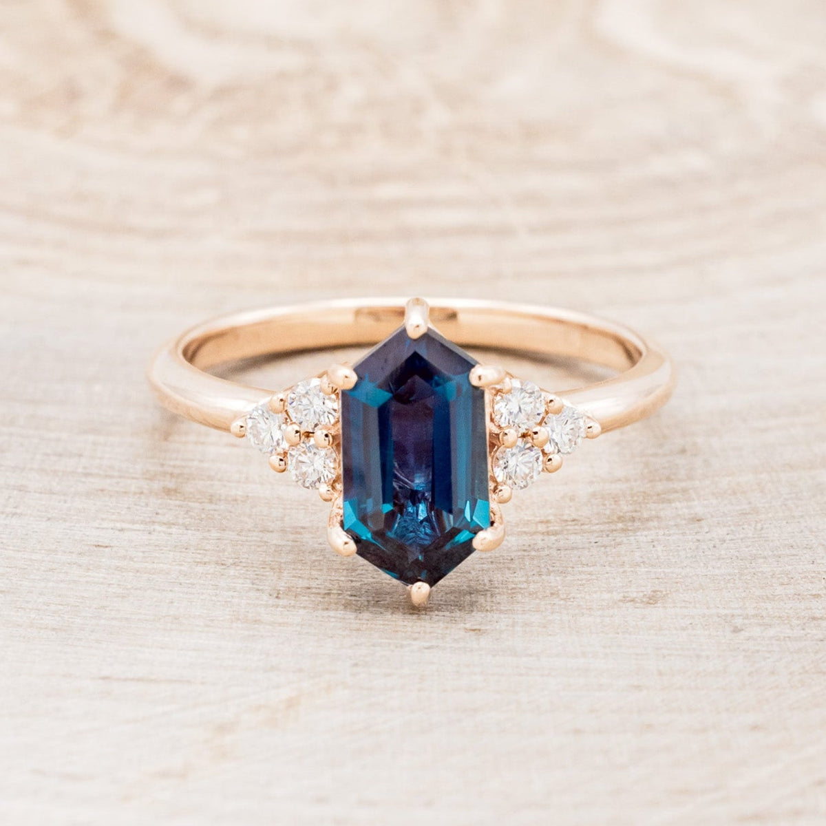"Octavia" - Elongated Hexagon Cut Lab-Grown Alexandrite Engagement Ring With Diamond Accents