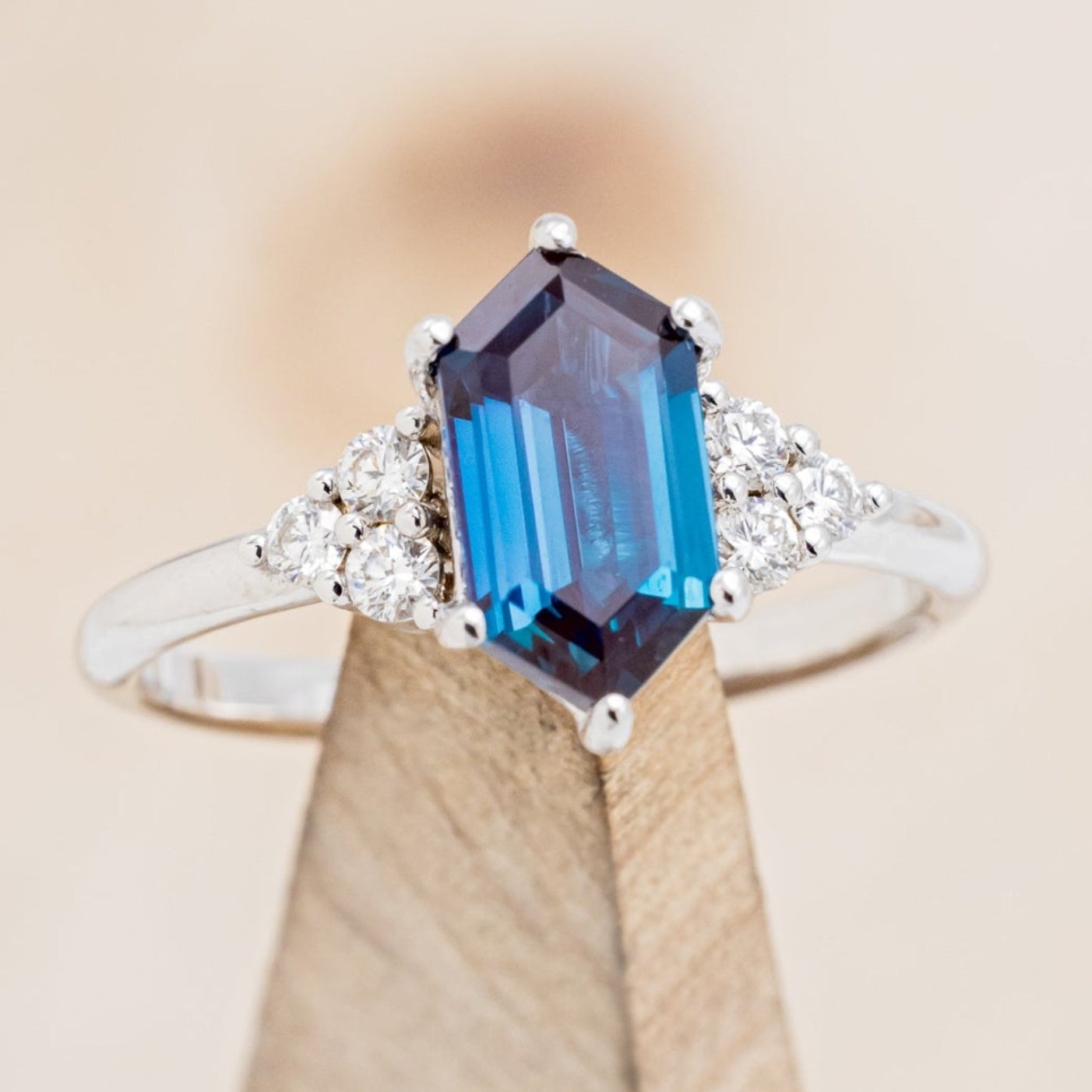 "Octavia" - Elongated Hexagon Cut Lab-Grown Alexandrite Engagement Ring With Diamond Accents