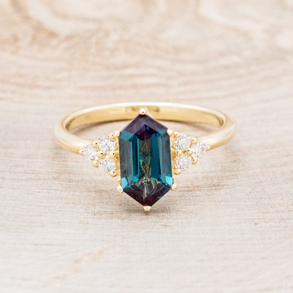 "Octavia" - Elongated Hexagon Cut Lab-Grown Alexandrite Engagement Ring With Diamond Accents
