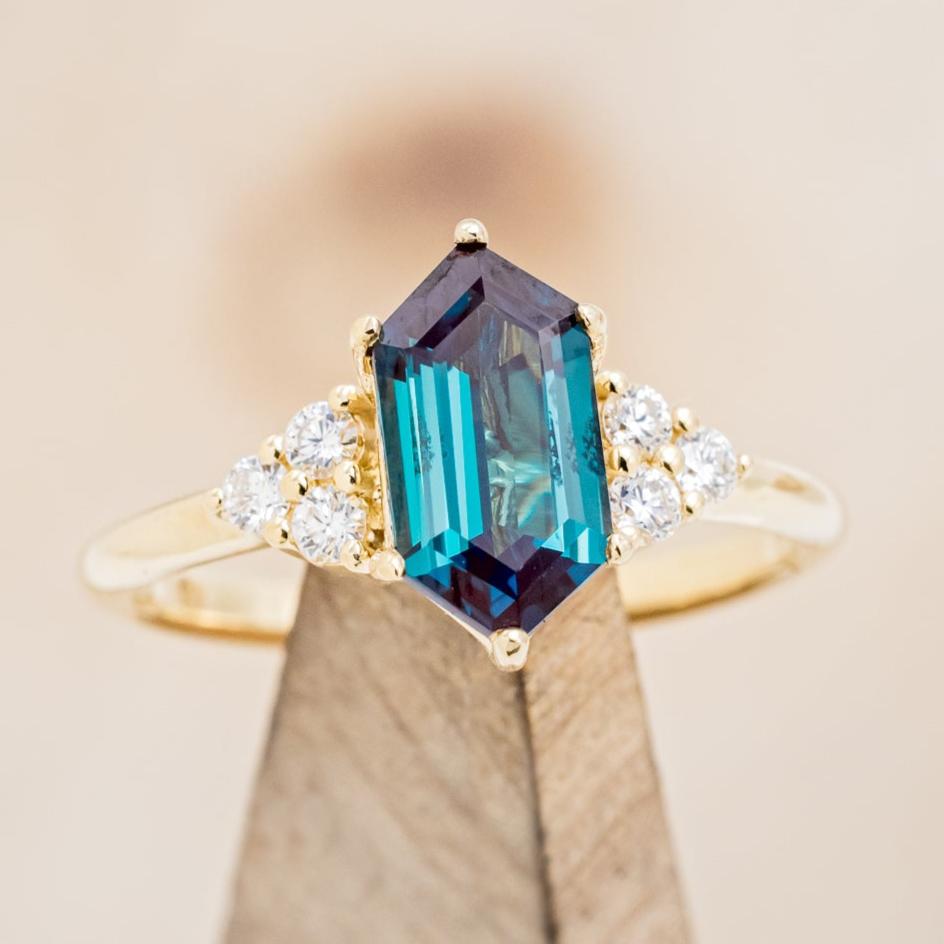 "Octavia" - Elongated Hexagon Cut Lab-Grown Alexandrite Engagement Ring With Diamond Accents