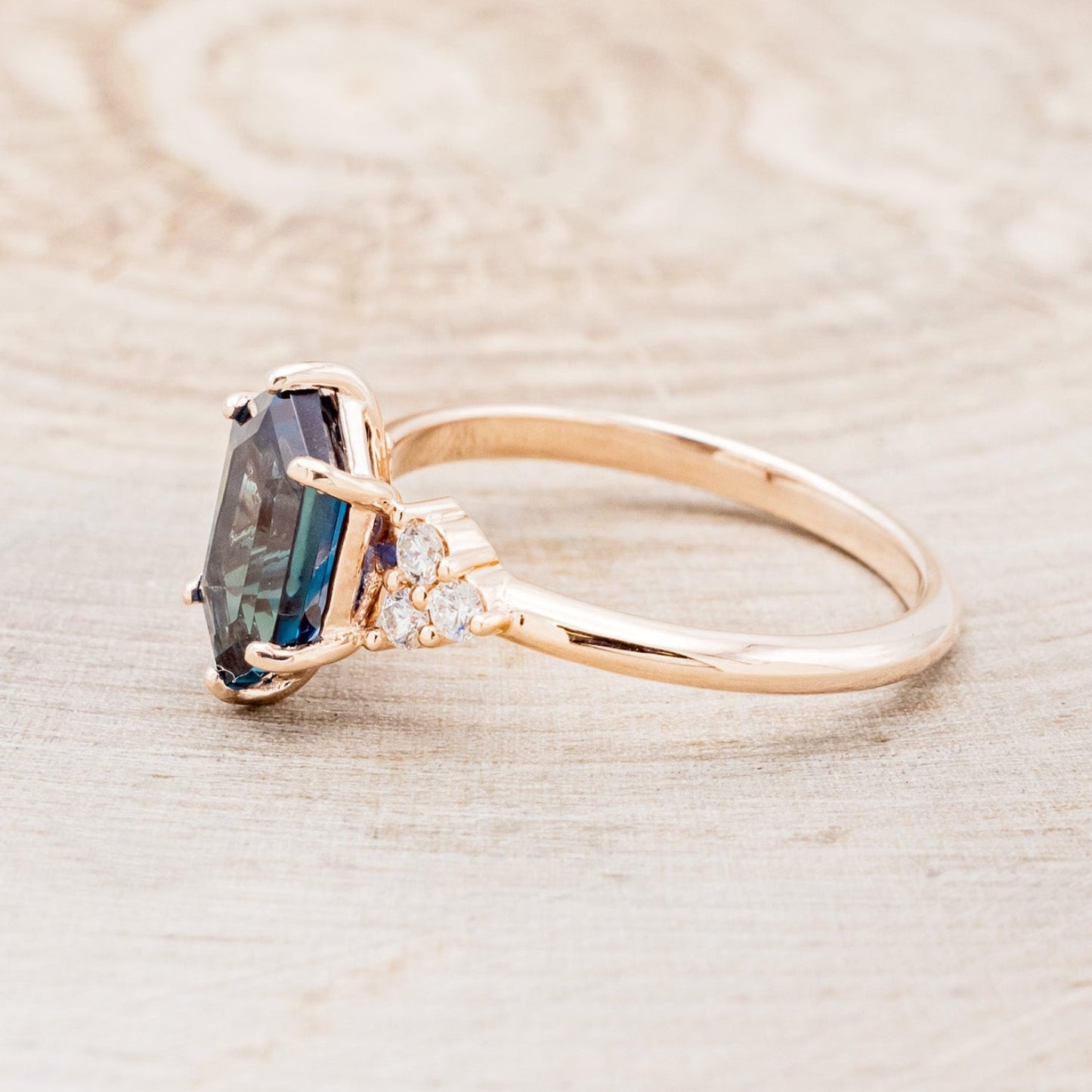 "Octavia" - Elongated Hexagon Cut Lab-Grown Alexandrite Engagement Ring With Diamond Accents
