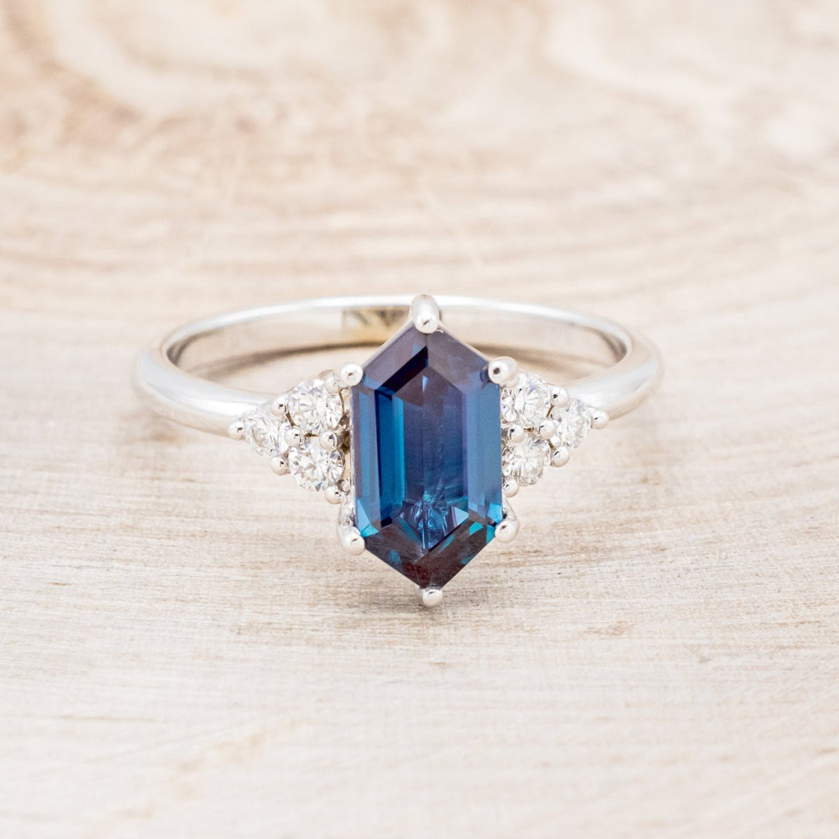 "Octavia" - Elongated Hexagon Cut Lab-Grown Alexandrite Engagement Ring With Diamond Accents